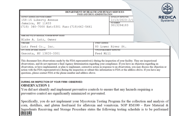 FDA 483 - Lutz Feed Co Inc [Oneonta / United States of America] - Download PDF - Redica Systems