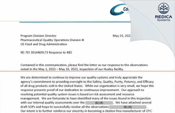 FDA 483 Response - Continental Manufacturing Chemist [Huxley / United States of America] - Download PDF - Redica Systems