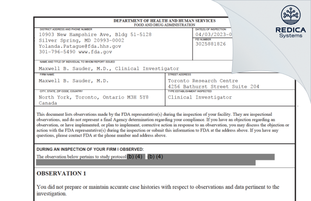 FDA 483 - Maxwell B. Sauder, M.D. [North York / Canada] - Download PDF - Redica Systems
