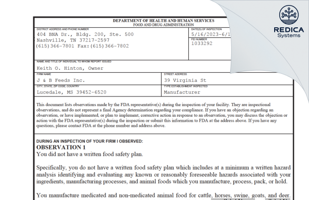 FDA 483 - J & B Feeds Inc. [Lucedale / United States of America] - Download PDF - Redica Systems