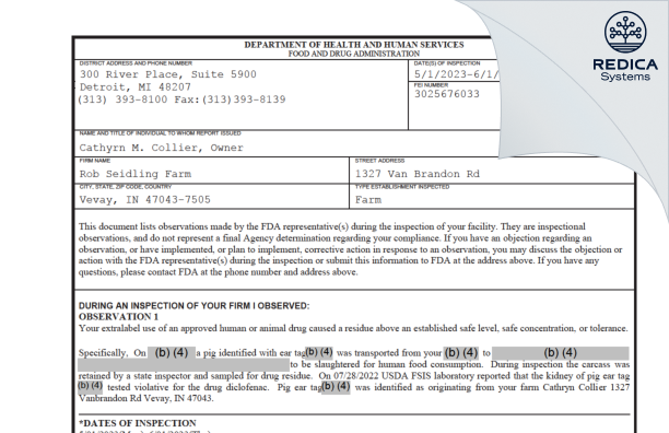 FDA 483 - Rob Seidling Farm [Vevay / United States of America] - Download PDF - Redica Systems