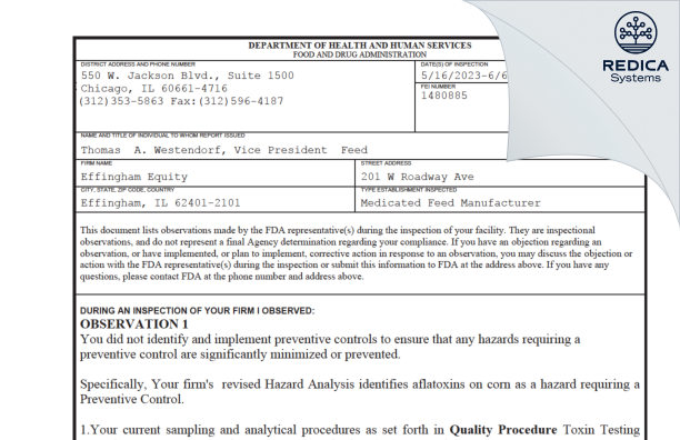 FDA 483 - Effingham Equity [Effingham / United States of America] - Download PDF - Redica Systems