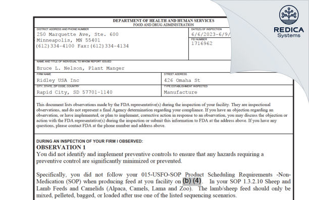 FDA 483 - Ridley USA Inc. [Rapid City / United States of America] - Download PDF - Redica Systems
