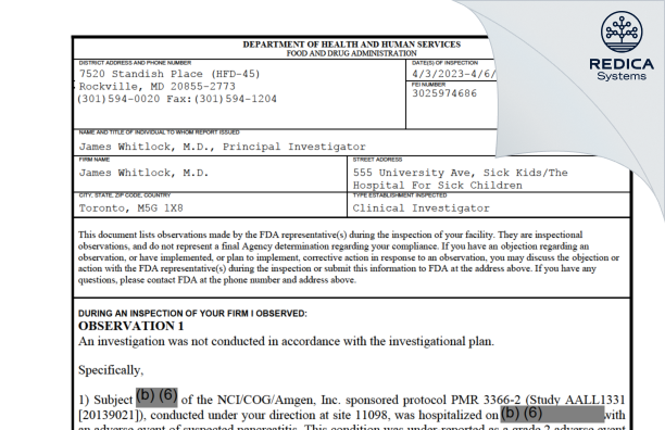 FDA 483 - James Whitlock, M.D. [Toronto / Canada] - Download PDF - Redica Systems