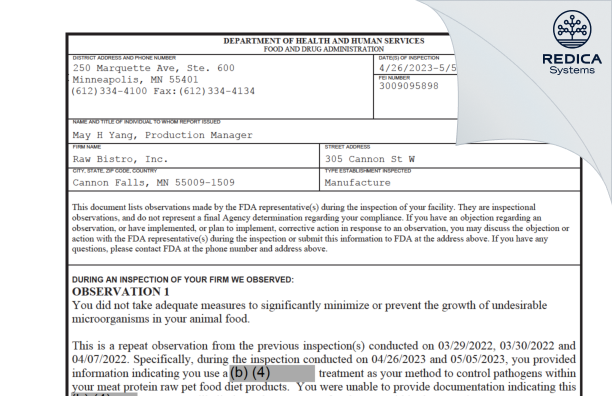 FDA 483 - Raw Bistro, Inc. [Cannon Falls / United States of America] - Download PDF - Redica Systems