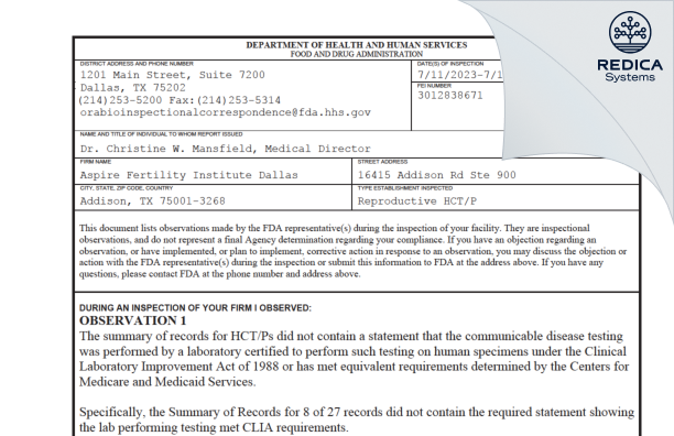 FDA 483 - Aspire Fertility Institute Dallas [Addison / United States of America] - Download PDF - Redica Systems