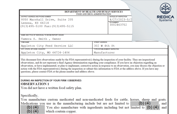 FDA 483 - Appleton City Feed Service LLC [Appleton City / United States of America] - Download PDF - Redica Systems