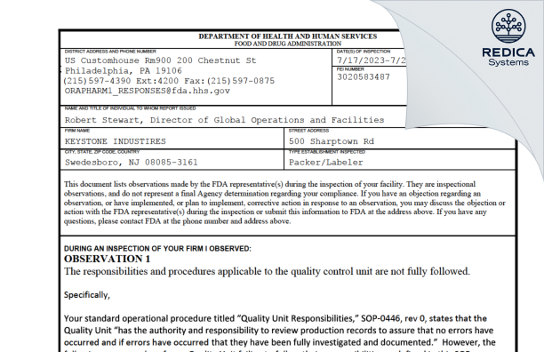 FDA 483 - KEYSTONE INDUSTIRES [Swedesboro / United States of America] - Download PDF - Redica Systems