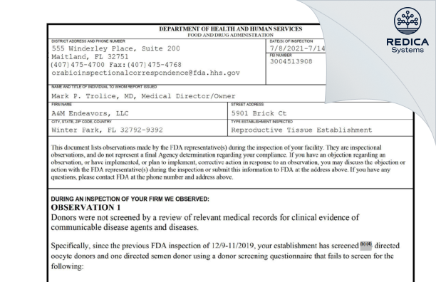 FDA 483 - A&M Endeavors, LLC [Winter Park / United States of America] - Download PDF - Redica Systems