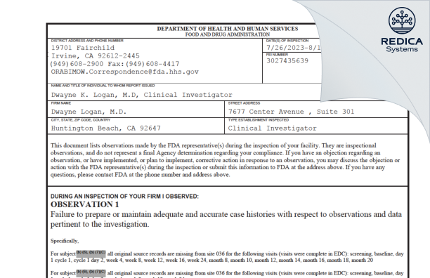 FDA 483 - Dwayne Logan, M.D. [Huntington Beach / United States of America] - Download PDF - Redica Systems