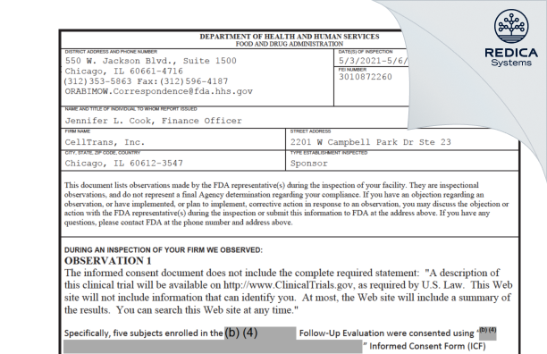 FDA 483 - CellTrans Inc. [Chicago / United States of America] - Download PDF - Redica Systems