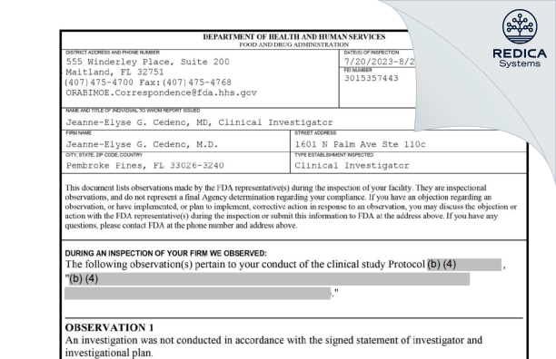 FDA 483 - Jeanne-Elyse G. Cedeno, M.D. [Pembroke Pines / United States of America] - Download PDF - Redica Systems