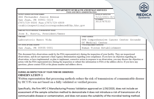 FDA 483 - Laboratorio Banco Vida [San Juan / United States of America] - Download PDF - Redica Systems