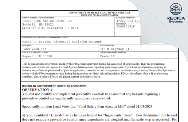 FDA 483 - Land View Inc [Rupert / United States of America] - Download PDF - Redica Systems