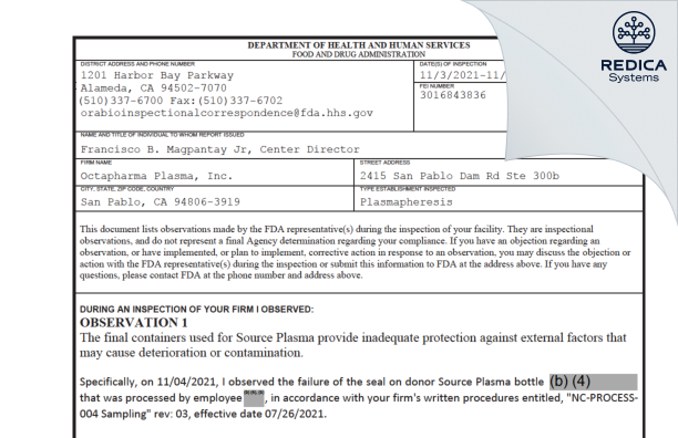 FDA 483 - Octapharma Plasma, Inc. [San Pablo / United States of America] - Download PDF - Redica Systems