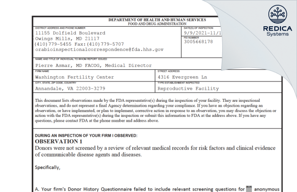FDA 483 - Washington Fertility Center [Annandale / United States of America] - Download PDF - Redica Systems