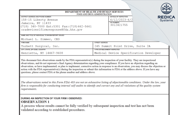 FDA 483 - Turbett Surgical, Inc. [Henrietta / United States of America] - Download PDF - Redica Systems