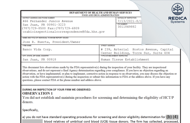 FDA 483 - Banco Vida Corp. [San Juan / United States of America] - Download PDF - Redica Systems