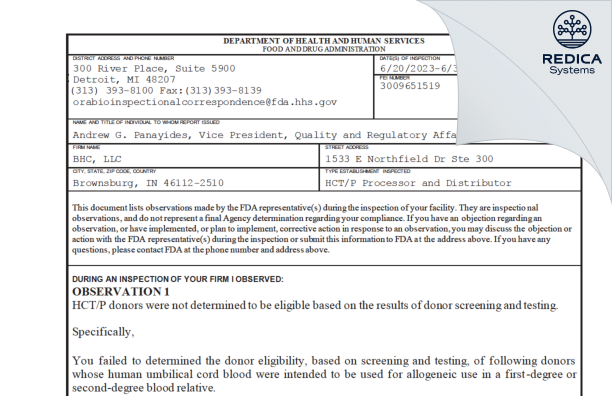 FDA 483 - BHC, LLC [Brownsburg / United States of America] - Download PDF - Redica Systems