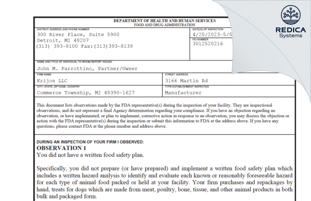 FDA 483 - Krijon LLC [Commerce Township / United States of America] - Download PDF - Redica Systems