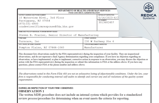 FDA 483 - Turncare, Inc [Pompton Plains / United States of America] - Download PDF - Redica Systems