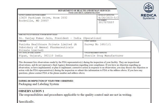 FDA 483 - Puniska Healthcare Private Limited [Ahmedabad / India] - Download PDF - Redica Systems