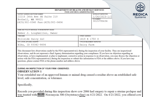 FDA 483 - Hillside Dairy LLC [Elba / United States of America] - Download PDF - Redica Systems