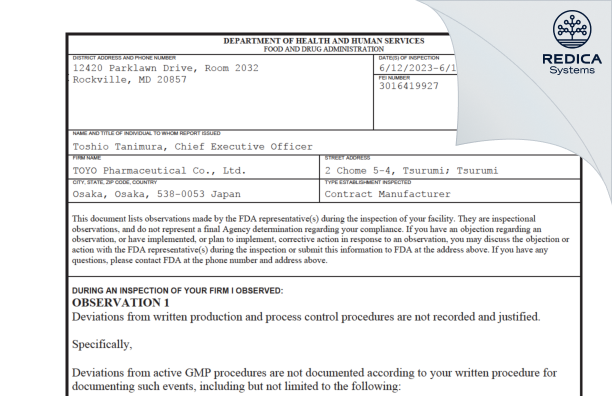 FDA 483 - TOYO Pharmaceutical Co., Ltd. [Osaka / Japan] - Download PDF - Redica Systems