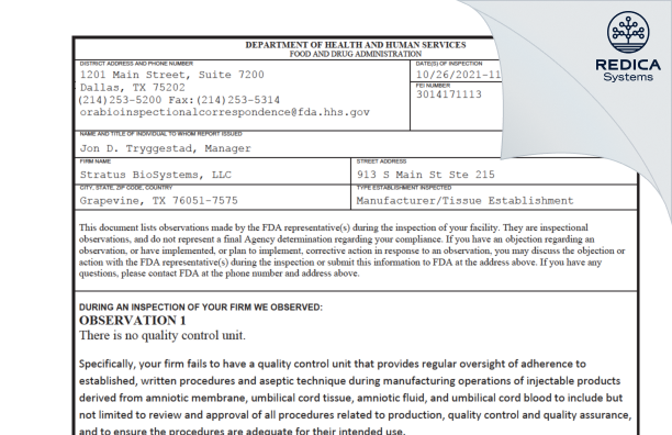 FDA 483 - Stratus BioSystems, LLC [Grapevine / United States of America] - Download PDF - Redica Systems