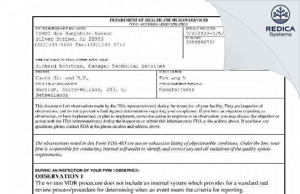FDA 483 - Cavex Holland B.V. [Haarlem / Netherlands] - Download PDF - Redica Systems