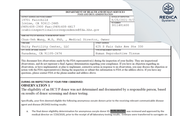 FDA 483 - Unity Fertility Center, LLC [Pasadena / United States of America] - Download PDF - Redica Systems