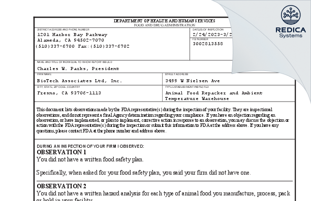 FDA 483 - BioTech Associates Ltd, Inc. [Fresno / United States of America] - Download PDF - Redica Systems