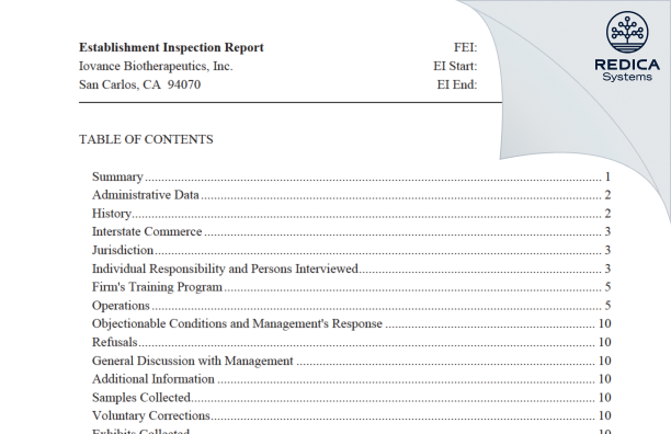EIR - Iovance Biotherapeutics, Inc. [San Carlos / United States of America] - Download PDF - Redica Systems