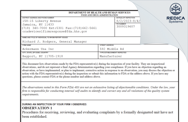 FDA 483 - Ackermann Usa Inc [Bayport / United States of America] - Download PDF - Redica Systems