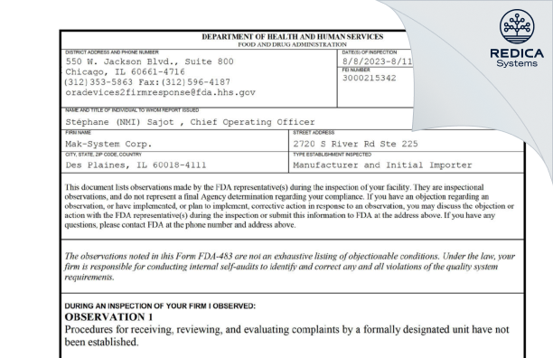 FDA 483 - Mak-System Corp. [Des Plaines / United States of America] - Download PDF - Redica Systems