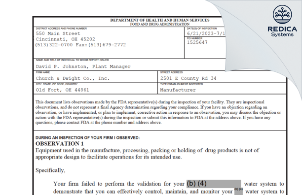 FDA 483 - Church & Dwight Co., Inc. [Old Fort / United States of America] - Download PDF - Redica Systems