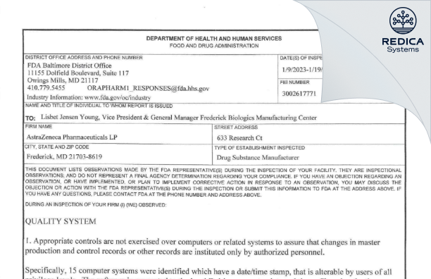 FDA 483 - AstraZeneca Pharmaceuticals LP [Frederick / United States of America] - Download PDF - Redica Systems