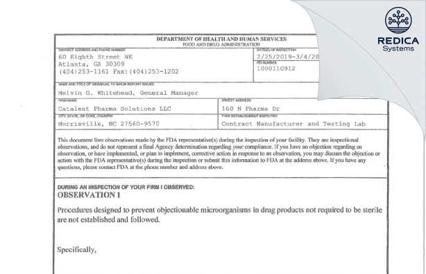 FDA 483 - Catalent Pharma Solutions, LLC [Morrisville / United States of America] - Download PDF - Redica Systems