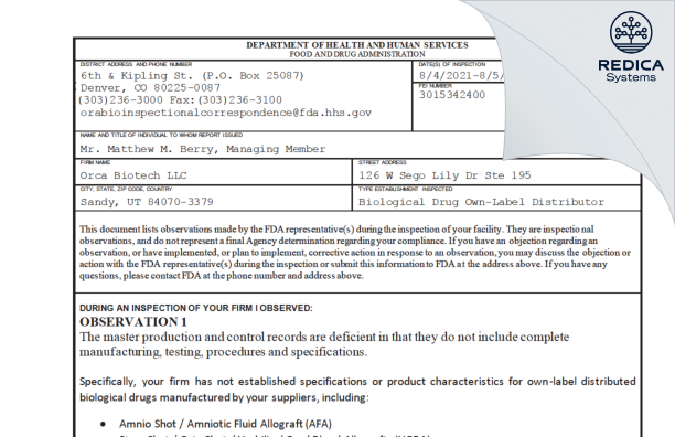 FDA 483 - Orca Biotech LLC [Sandy / United States of America] - Download PDF - Redica Systems