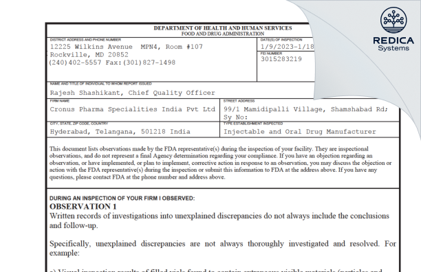 FDA 483 - CRONUS PHARMA SPECIALITIES INDIA PRIVATE LIMITED [India / India] - Download PDF - Redica Systems