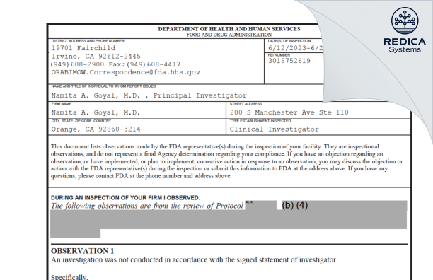 FDA 483 - Namita A. Goyal, M.D. [Orange / United States of America] - Download PDF - Redica Systems