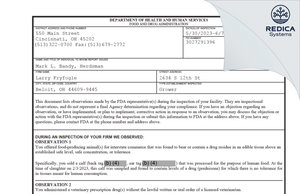 FDA 483 - Larry Fryfogle [Beloit / United States of America] - Download PDF - Redica Systems