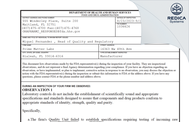 FDA 483 - Prime Enterprises [Florida / United States of America] - Download PDF - Redica Systems