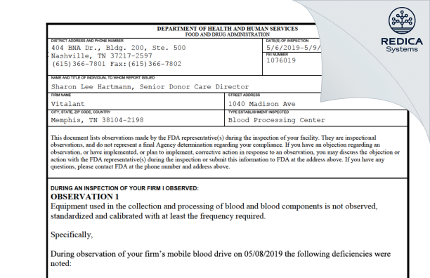 FDA 483 - Vitalant [Memphis / United States of America] - Download PDF - Redica Systems