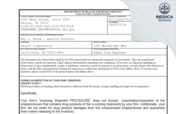 FDA 483 - Select Corporation [Carrollton / United States of America] - Download PDF - Redica Systems