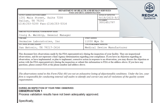 FDA 483 - Germaine Laboratories, Inc [San Antonio / United States of America] - Download PDF - Redica Systems