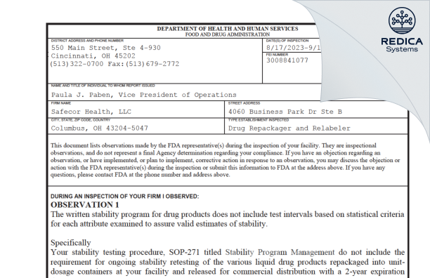 FDA 483 - Safecor Health, LLC [Columbus Ohio / United States of America] - Download PDF - Redica Systems
