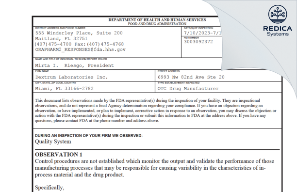 FDA 483 - Dextrum Laboratories Inc. [Miami Florida / United States of America] - Download PDF - Redica Systems
