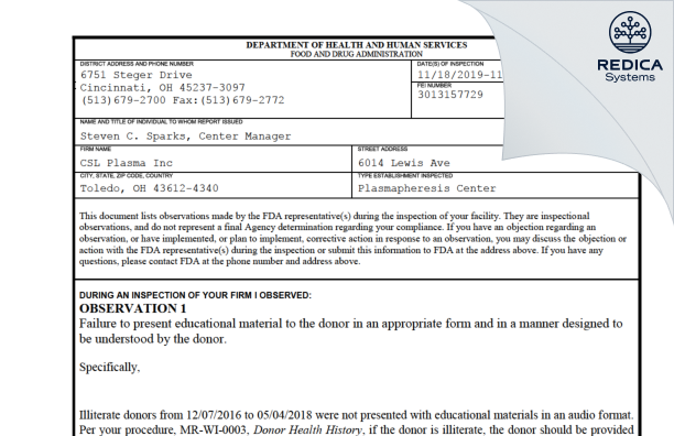 FDA 483 - CSL Plasma Inc. [Toledo / United States of America] - Download PDF - Redica Systems