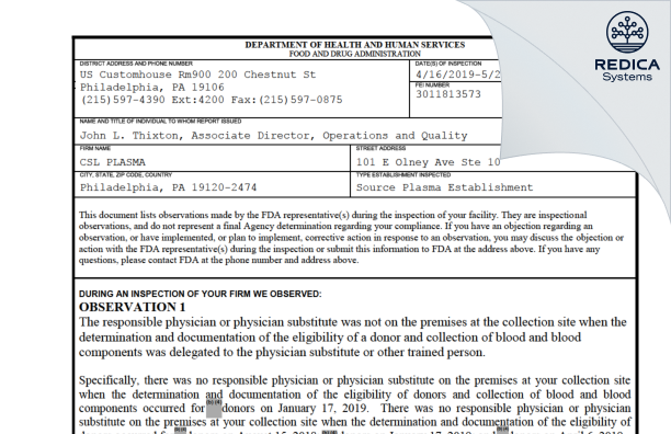 FDA 483 - CSL PLASMA [Philadelphia / United States of America] - Download PDF - Redica Systems